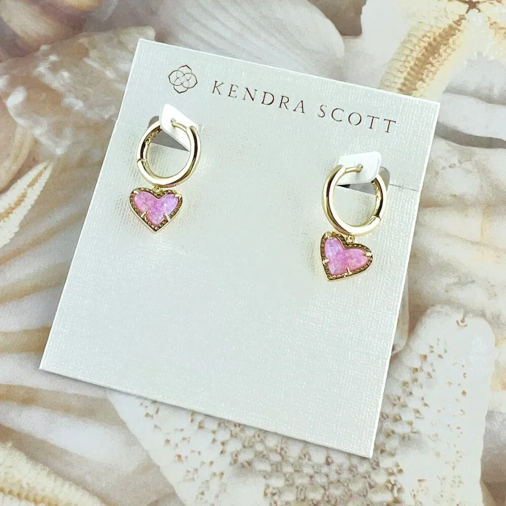 Kendra Scott Ari Heart Bubblegum Pink Opal Huggie gold earrings - Picture 3 of 4